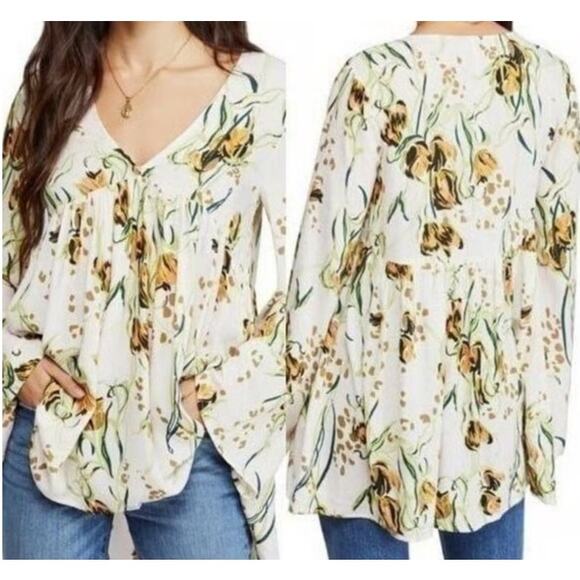 Free People Floral Boho Blouse Size S Long Sleeve Flowy Tunic Top - Picture 1 of 10